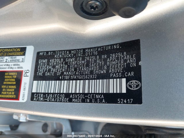 Toyota CAMRY LE 2016 4T1BF1FK1GU562932 Image 9