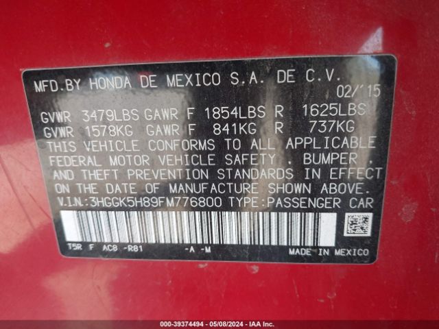 3HGGK5H89FM776800 Honda Fit Ex/ex-l