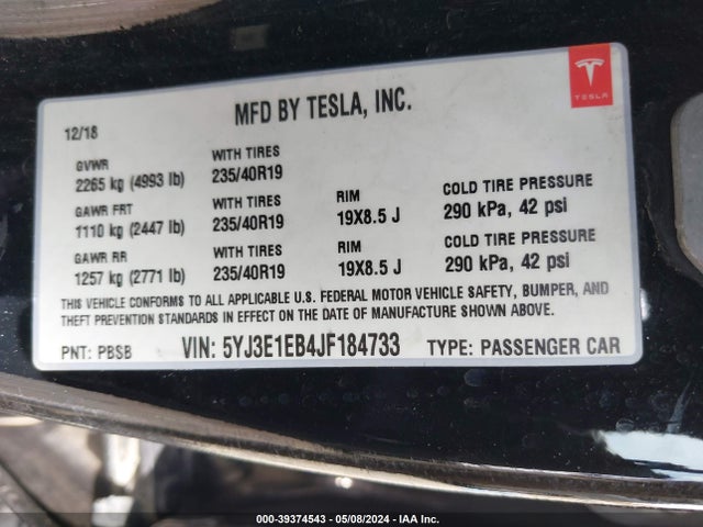 Tesla Model 3 Long Range/performance 2018 5YJ3E1EB4JF184733 Image 9