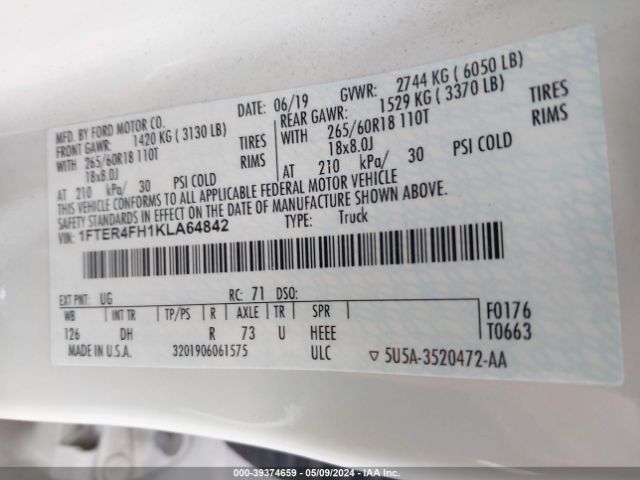 1FTER4FH1KLA64842 Ford Ranger Lariat