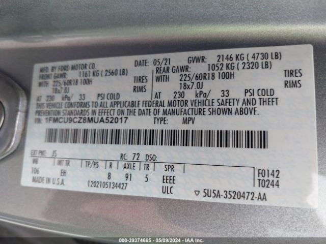 1FMCU9CZ8MUA52017 Ford Escape Sel Hybrid