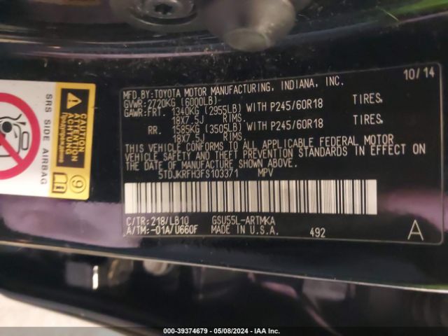 5TDJKRFH3FS103371 Toyota Highlander Xle V6