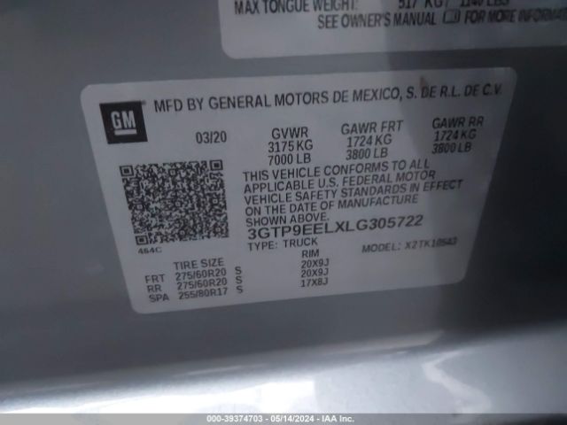 3GTP9EELXLG305722 GMC Sierra 1500 4wd  Short Box At4