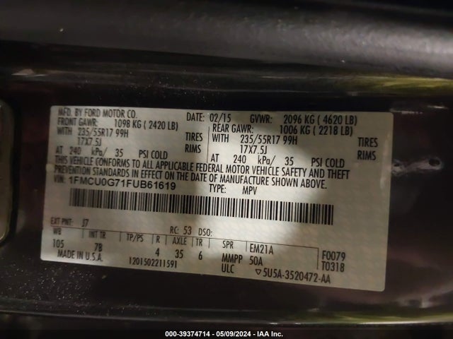 Ford ESCAPE SE 2015 1FMCU0G71FUB61619 Image 9
