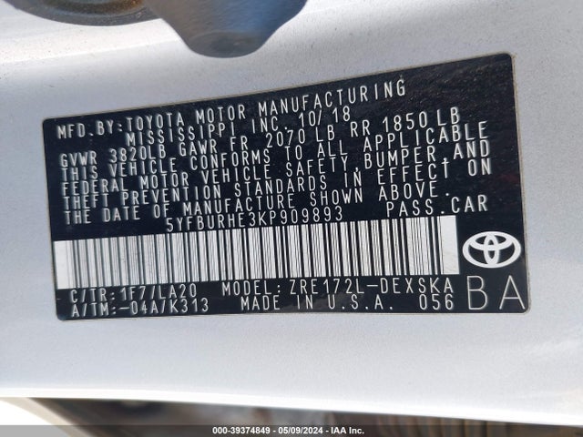 Toyota Corolla Se/xse 2019 5YFBURHE3KP909893 Image 9