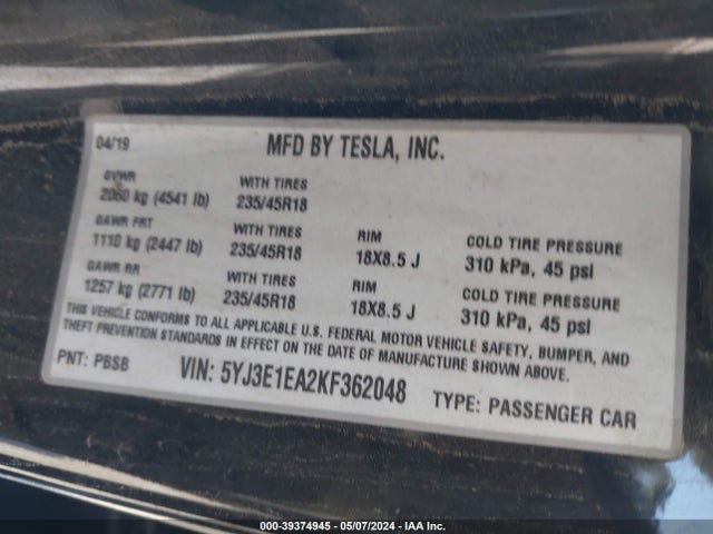 Tesla Model 3 Long Range/mid Range/standard Range/standard Range Plus 2019 5YJ3E1EA2KF362048 Image 9