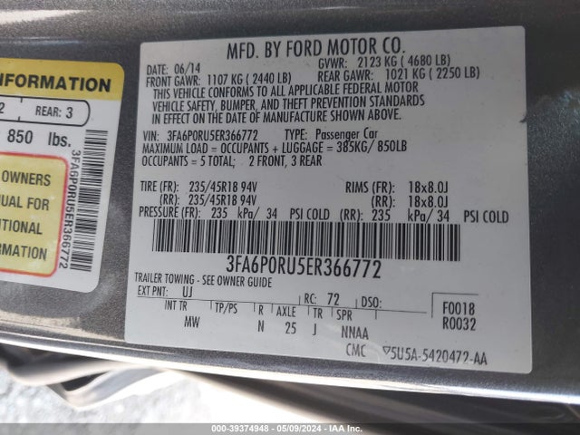 Ford Fusion Hybrid Titanium 2014 3FA6P0RU5ER366772 Image 9