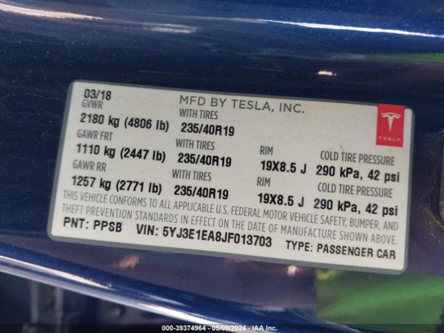 5YJ3E1EA8JF013703 Tesla Model 3 Long Range/mid Range