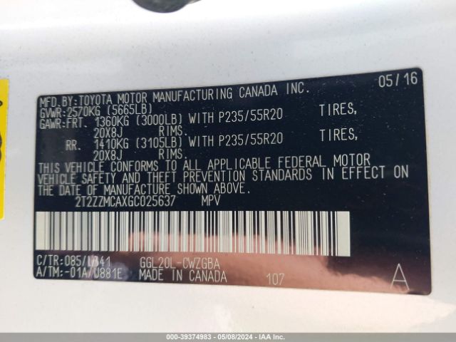 2T2ZZMCAXGC025637 Lexus RX 350