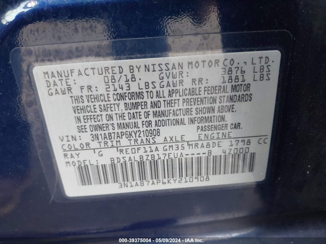 Nissan SENTRA S 2019 3N1AB7AP6KY210908 Image 9