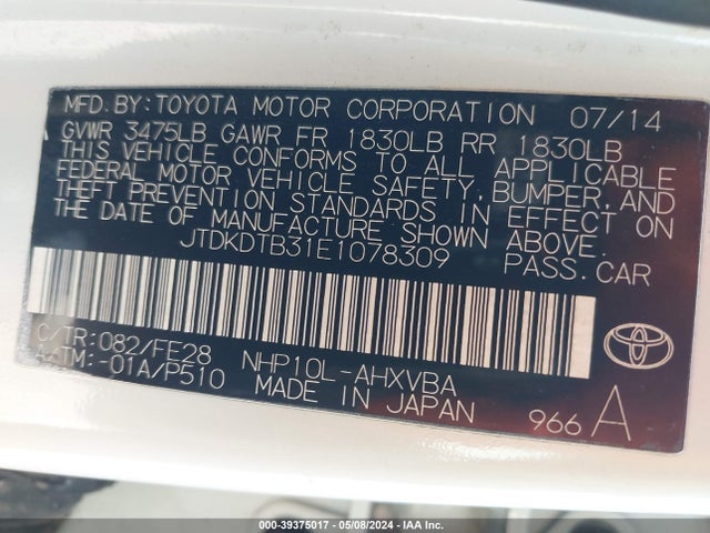 Toyota Prius C One 2014 JTDKDTB31E1078309 Image 9