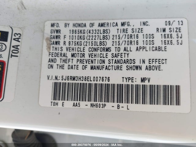 Honda CR-V LX 2014 5J6RM3H38EL007676 Image 9