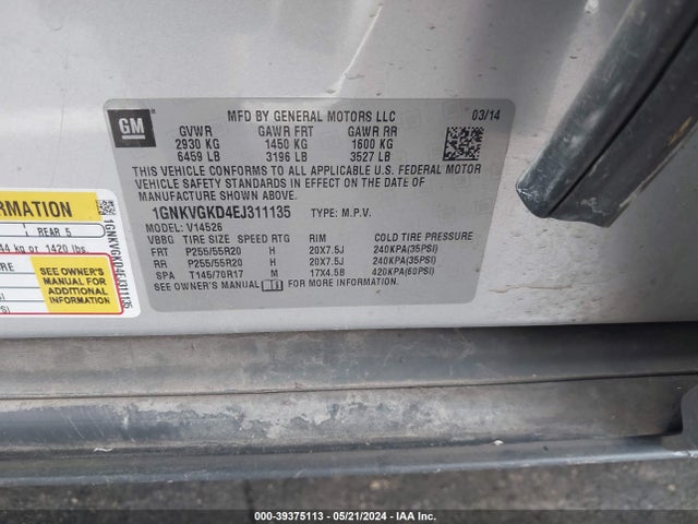 Chevrolet Traverse 1lt 2014 1GNKVGKD4EJ311135 Image 9