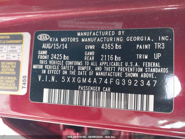 KIA Optima Lx 2015 5XXGM4A74FG392347 Image 9