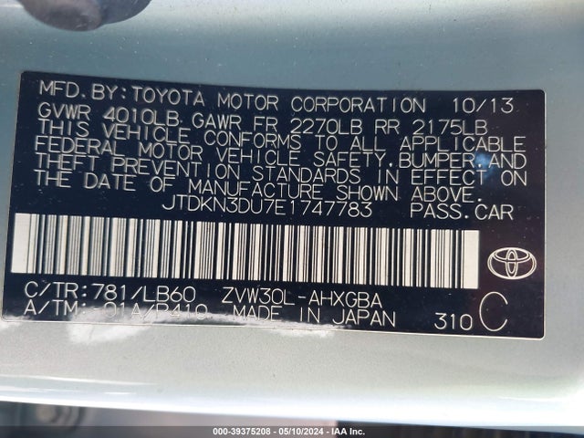Toyota Prius Four 2014 JTDKN3DU7E1747783 Image 9