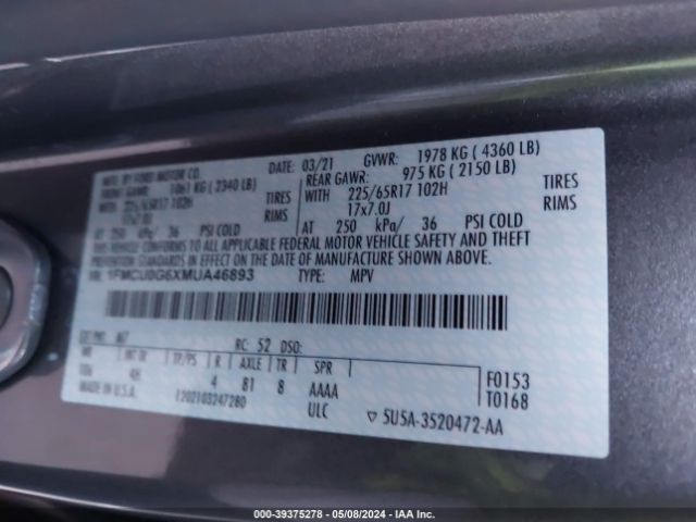 2021 FORD ESCAPE 1FMCU0G6XMUA46893 Photo 8