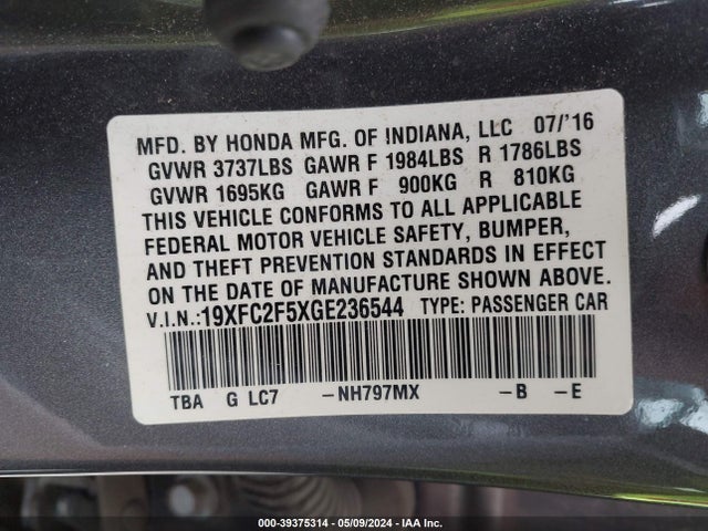 Honda Civic Lx 2016 19XFC2F5XGE236544 Image 9