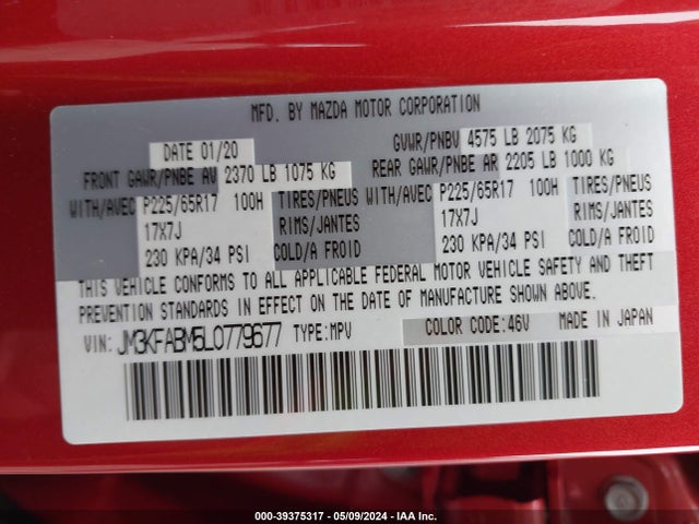 Mazda CX-5 SPORT 2020 JM3KFABM5L0779677 Image 9