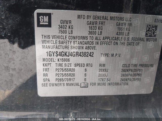 1GYS4GKJ4GR438242 Cadillac Escalade Esv Standard
