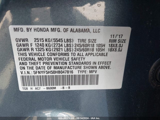 Honda Pilot Ex-l 2017 5FNYF5H50HB047816 Image 9