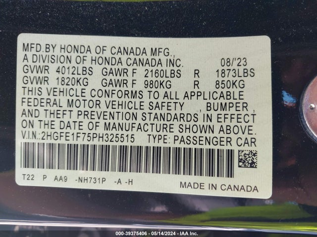 Honda Civic Ex /ex W/o Bsi 2023 2HGFE1F75PH325515 Image 9