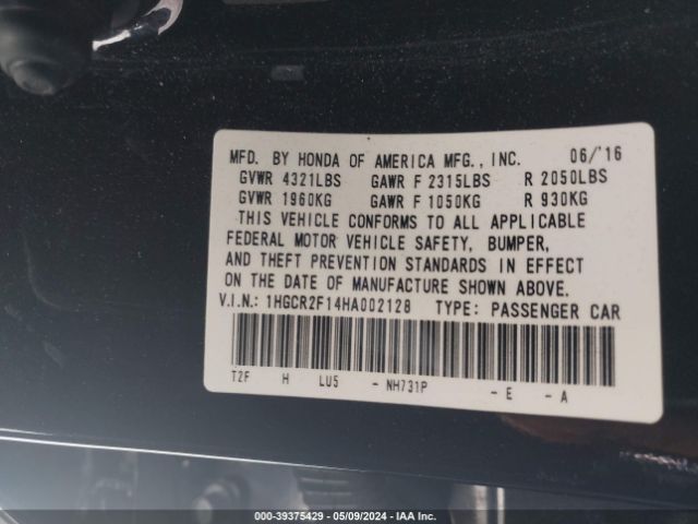 1HGCR2F14HA002128 Honda Accord Sport Se
