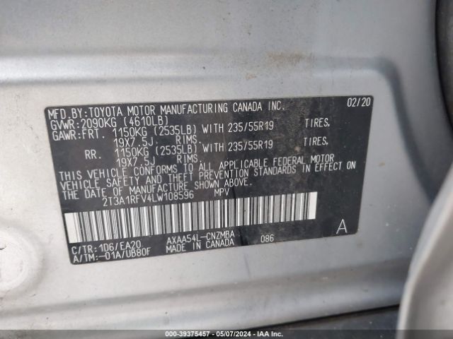 2T3A1RFV4LW108596 Toyota Rav4 Xle Premium
