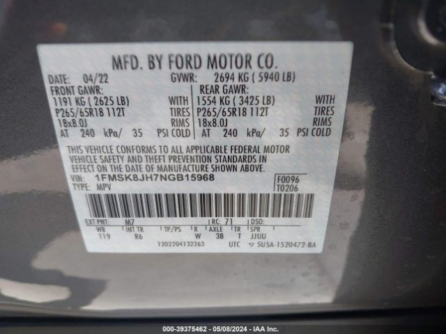 1FMSK8JH7NGB15968 Ford Explorer Timberline