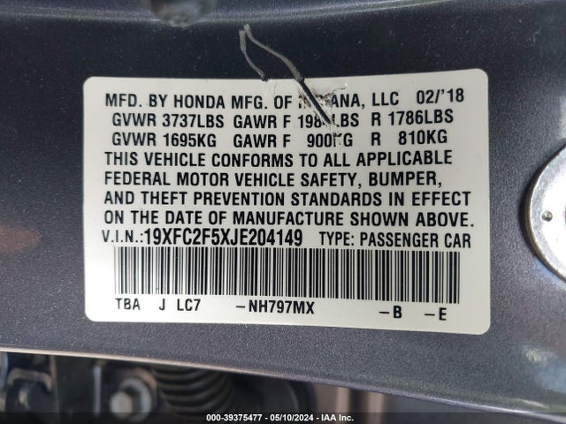 Honda Civic Lx 2018 19XFC2F5XJE204149 Image 9
