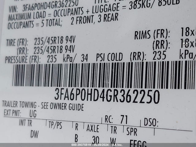 Ford FUSION SE 2016 3FA6P0HD4GR362250 Image 9