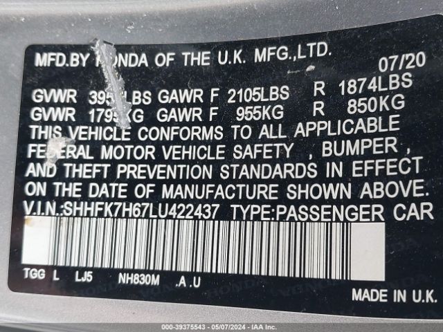 SHHFK7H67LU422437 Honda CIVIC EX