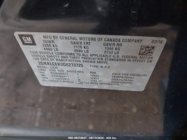 Chevrolet EQUINOX LT 2016 2GNALCEK3G6273725 Image 9