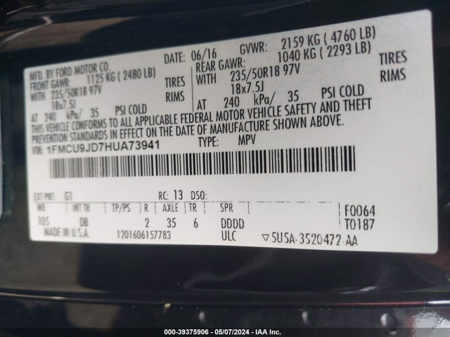 Ford Escape Titanium 2017 1FMCU9JD7HUA73941 Image 9