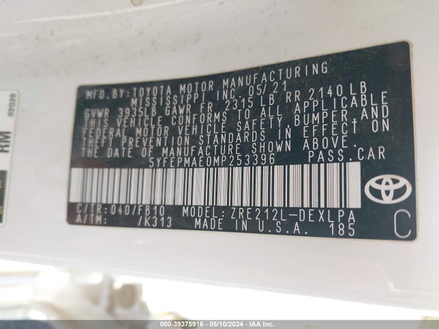 Toyota COROLLA LE 2021 5YFEPMAE0MP253396 Image 9