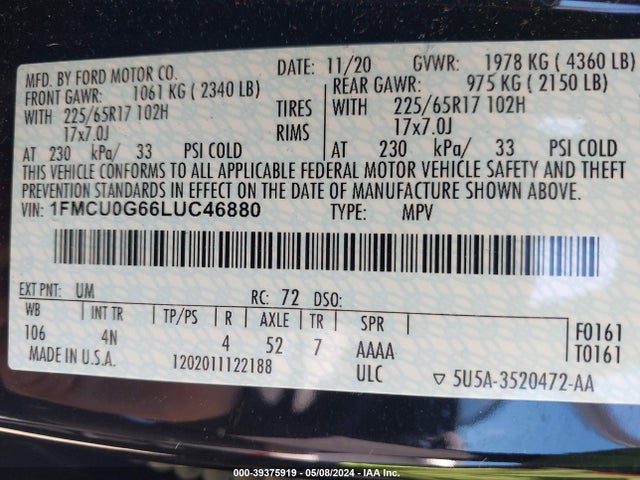 Ford ESCAPE SE 2020 1FMCU0G66LUC46880 Image 26