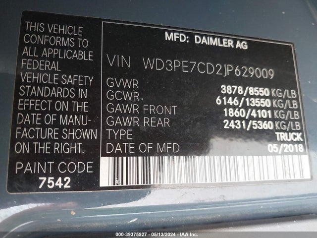 WD3PE7CD2JP629009 Mercedes-Benz Sprinter 2500 Standard Roof V6
