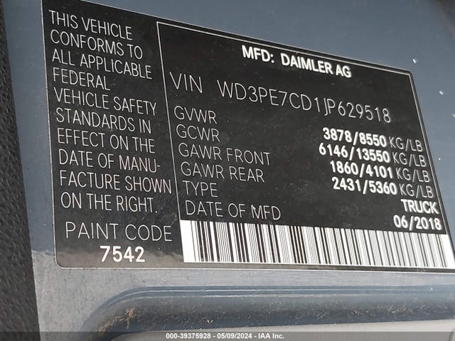 WD3PE7CD1JP629518 Mercedes-Benz Sprinter 2500 Standard Roof V6