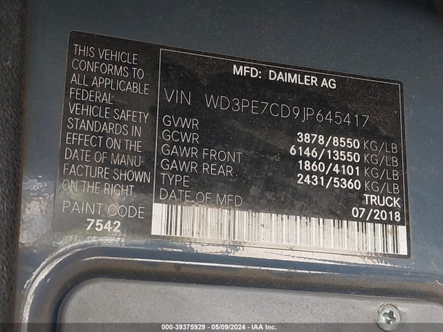 WD3PE7CD9JP645417 Mercedes-Benz Sprinter 2500 Standard Roof V6