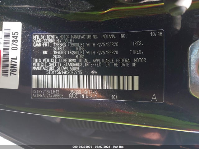 Toyota Sequoia Platinum 2019 5TDYY5G14KS072715 Image 9