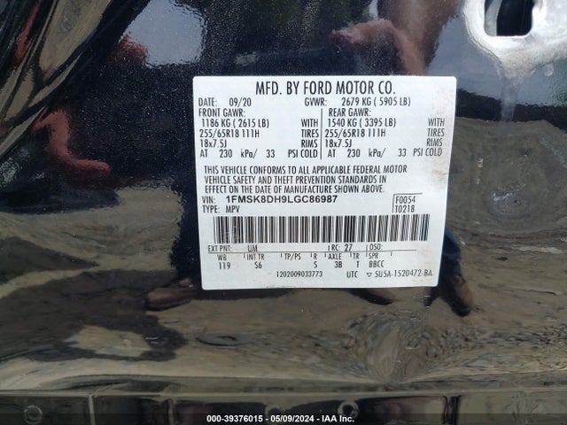 Ford EXPLORER XLT 2020 1FMSK8DH9LGC86987 Image 9