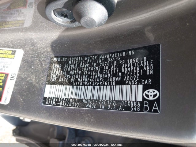 Toyota COROLLA LE 2019 5YFBURHEXKP876410 Image 9