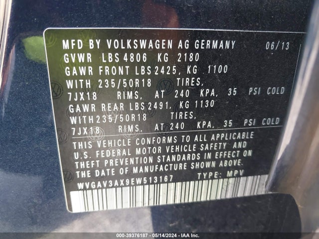 WVGAV3AX9EW513167 Volkswagen Tiguan Sel