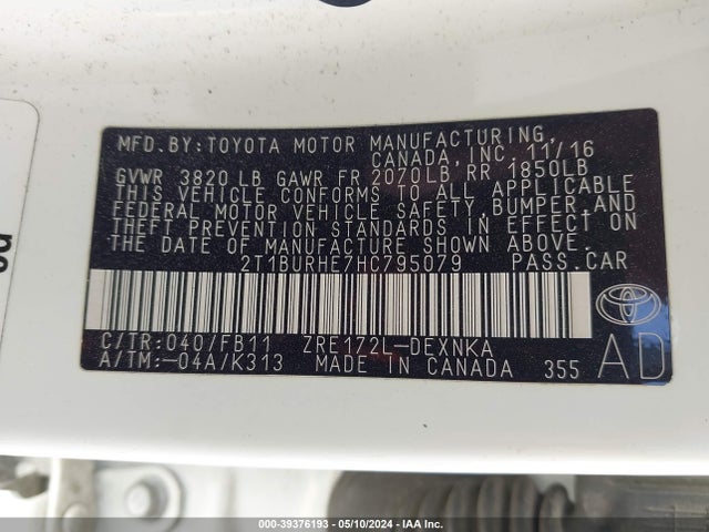 Toyota COROLLA LE 2017 2T1BURHE7HC795079 Image 9