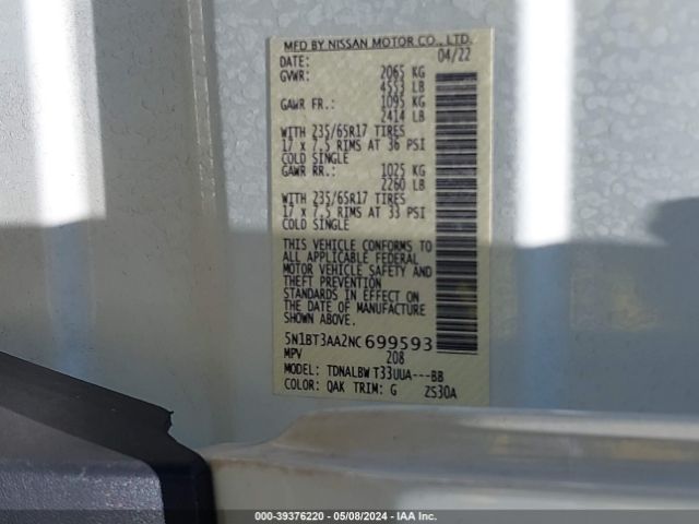 5N1BT3AA2NC699593 Nissan Rogue S Fwd