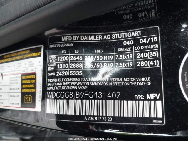 WDCGG8JB9FG431407 Mercedes-Benz Glk 350 4matic