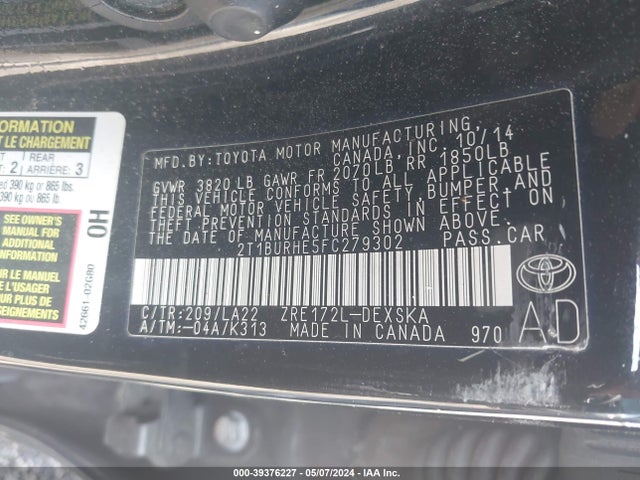 Toyota Corolla S Premium 2015 2T1BURHE5FC279302 Image 9