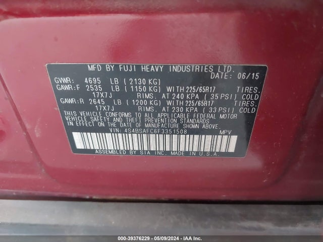 Subaru Outback 2.5i Premium 2015 4S4BSAFC6F3351508 Image 9