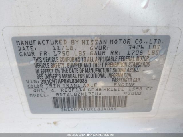 3N1CN7AP0KL834085 Nissan Versa 1.6 Sv