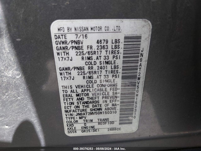 Nissan ROGUE SV 2016 JN8AT2MV5GW150310 Image 9