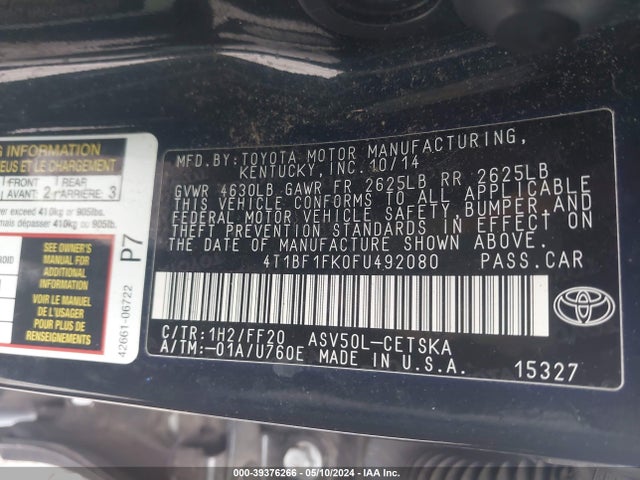 Toyota CAMRY SE 2015 4T1BF1FK0FU492080 Image 9